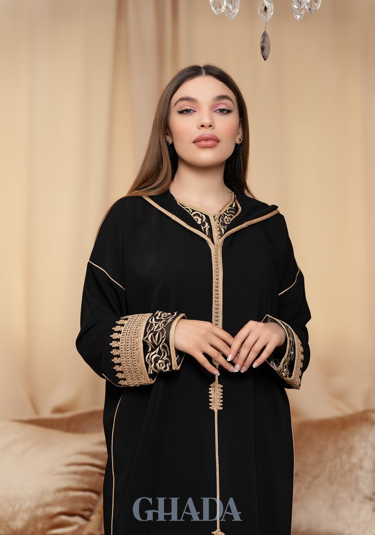 Robe djellaba noire dorée