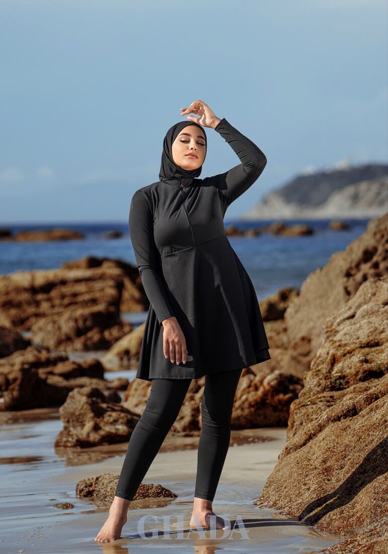Musuly Burkini Noir Et Gris - Maillot De Bain Combinaison Avec Voile, Modeste Et Élastique