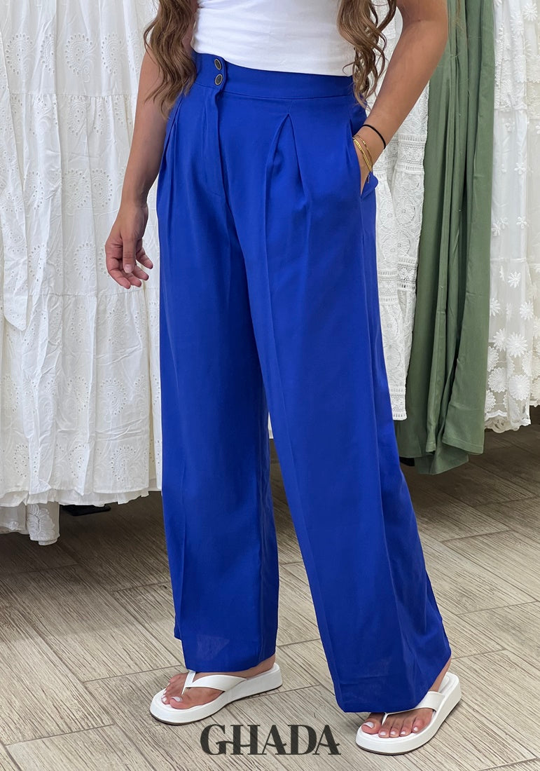 Pantalon Femme Monoprix En Lin Bleu Roi – Taille 40, Pois, Coupe Regular, été