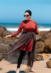 Burkini rouge brique en 5 pieces avec cache maillot