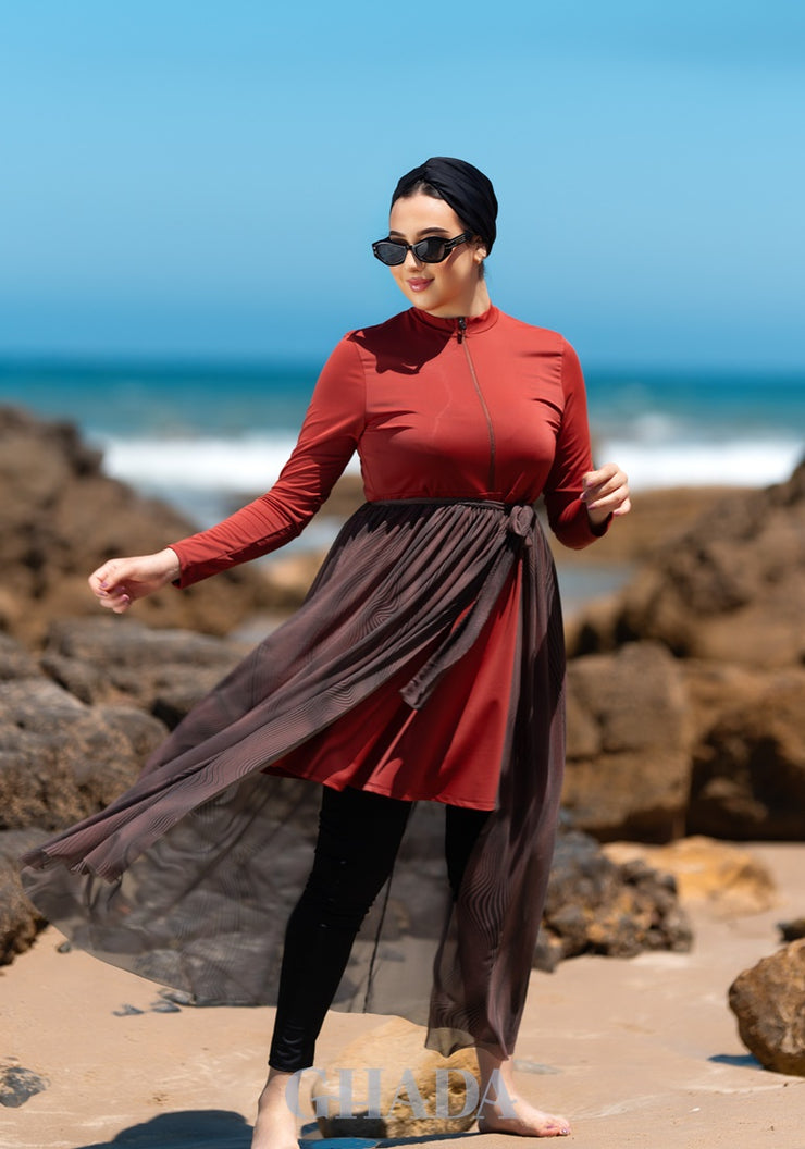 Burkini rouge brique en 5 pieces avec cache maillot