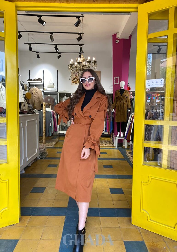 Trench coat long en rouge brique