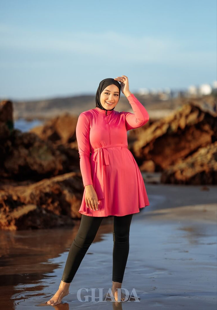 Burkini rose fuchsia en 5 pieces avec cache maillot- rose