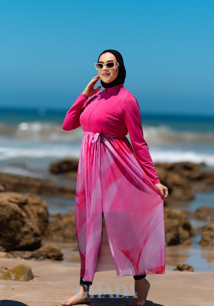 Burkini rose fuchsia en 5 pieces avec cache maillot