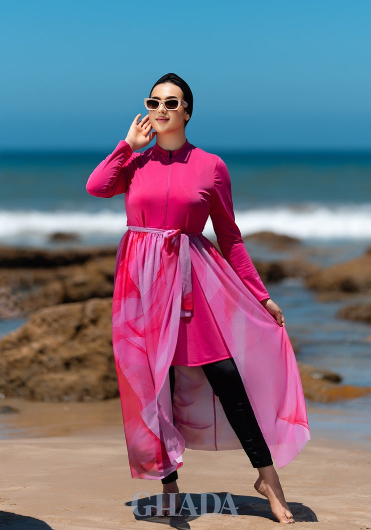 Burkini rose fuchsia en 5 pieces avec cache maillot