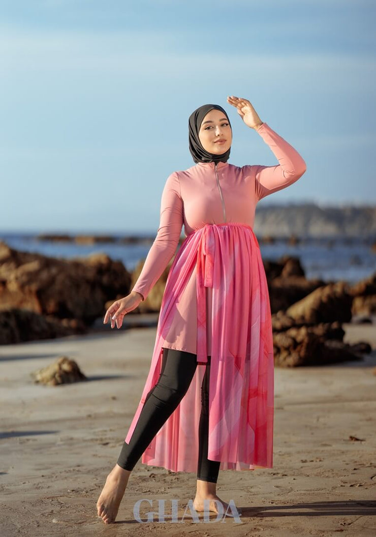 Burkini rose en 5 pieces avec cache maillot