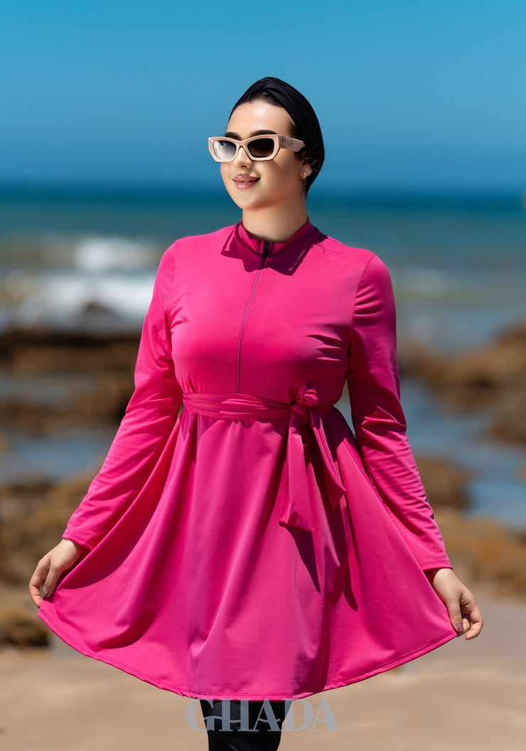 Burkini rose fuchsia en 5 pieces avec cache maillot
