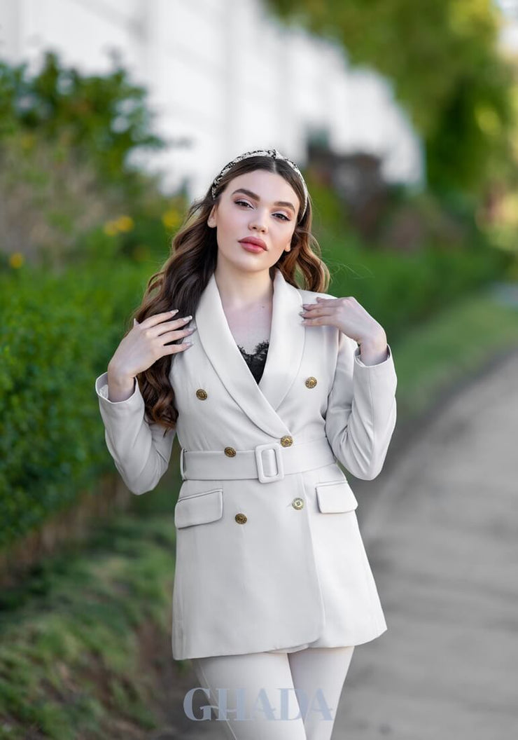 Ensemble tailleur : veste et pantalon en beige sable