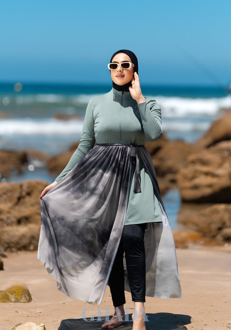Burkini vert pastel en 5 pieces avec cache maillot