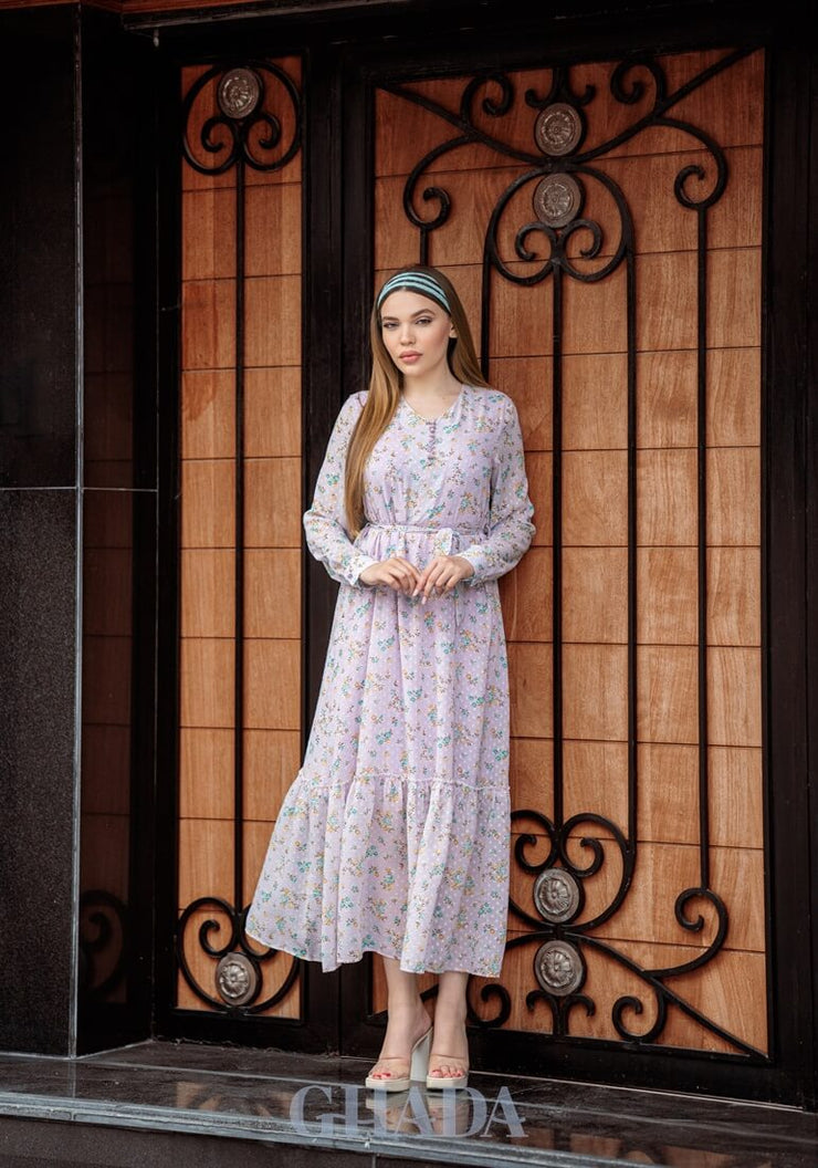 Robe en mousline doublée en mauve