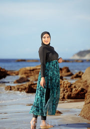 Burkini noir en 5 pieces avec cache maillot- Bleu