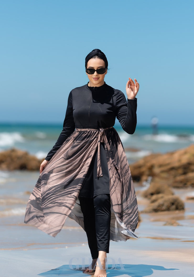 Burkini noir en 5 pieces avec cache maillot