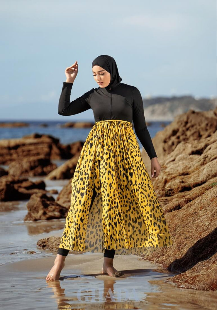 Burkini noir en 5 pieces avec cache maillot- yellow