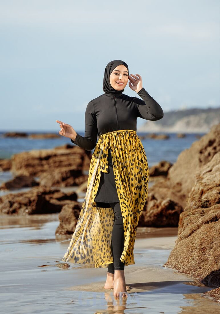 Burkini noir en 5 pieces avec cache maillot- yellow