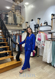 Ensemble chemise brodé & pantalon en bleu roi