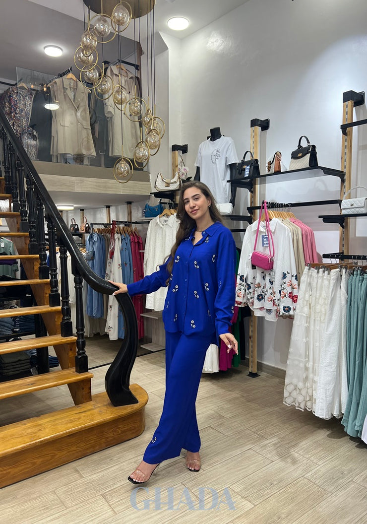 Ensemble chemise brodé & pantalon en bleu roi