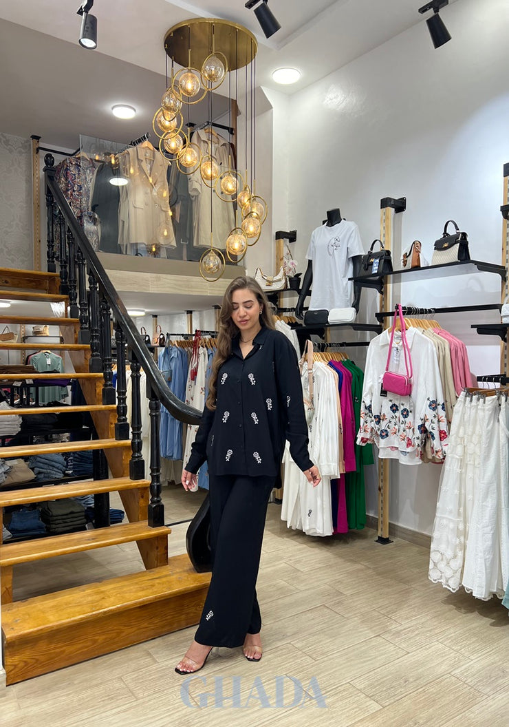 Ensemble chemise brodé & pantalon en noir