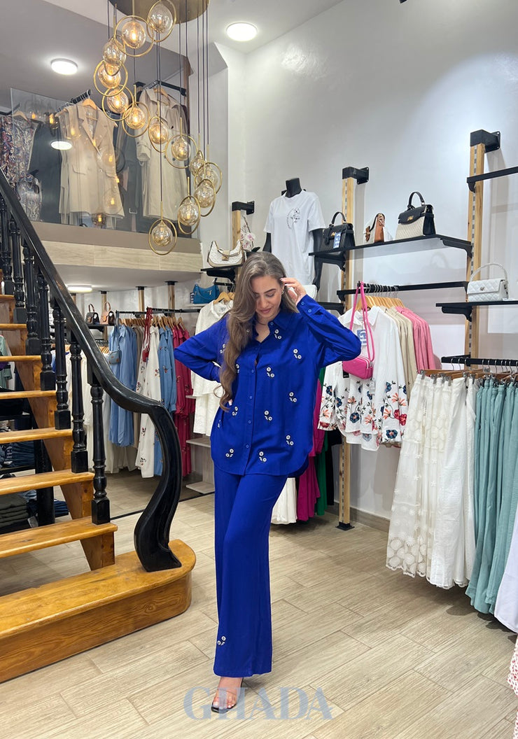 Ensemble chemise brodé & pantalon en bleu roi