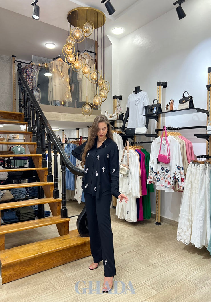 Ensemble chemise brodé & pantalon en noir