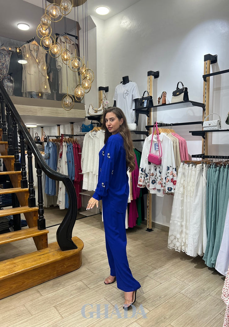 Ensemble chemise brodé & pantalon en bleu roi