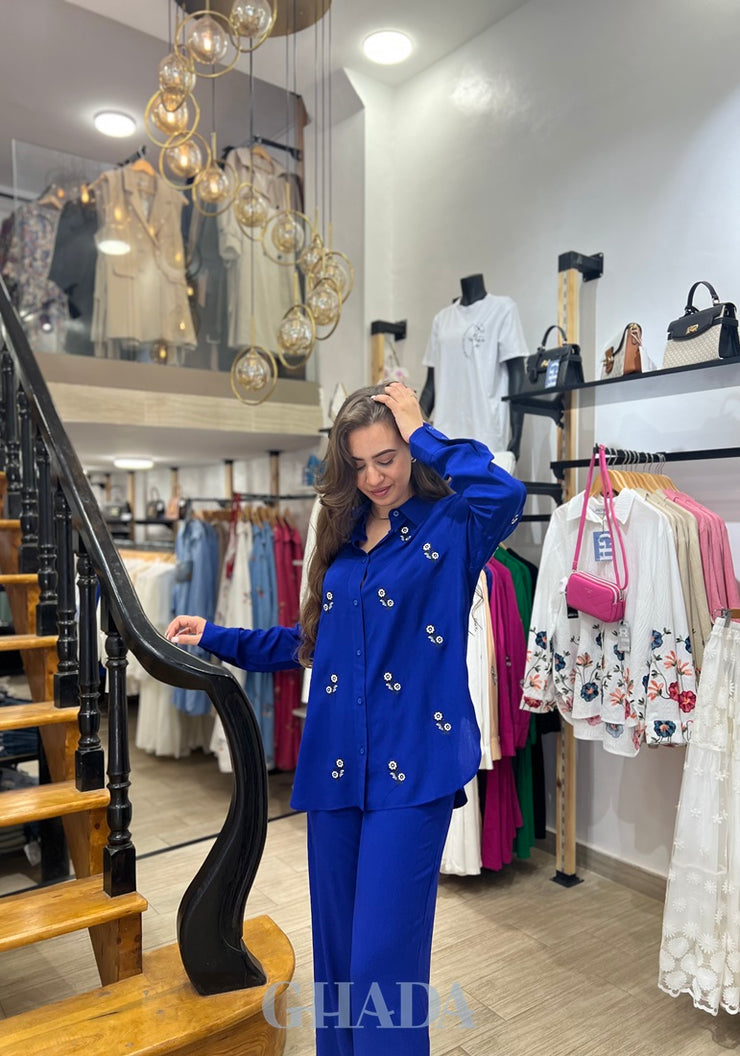 Ensemble chemise brodé & pantalon en bleu roi