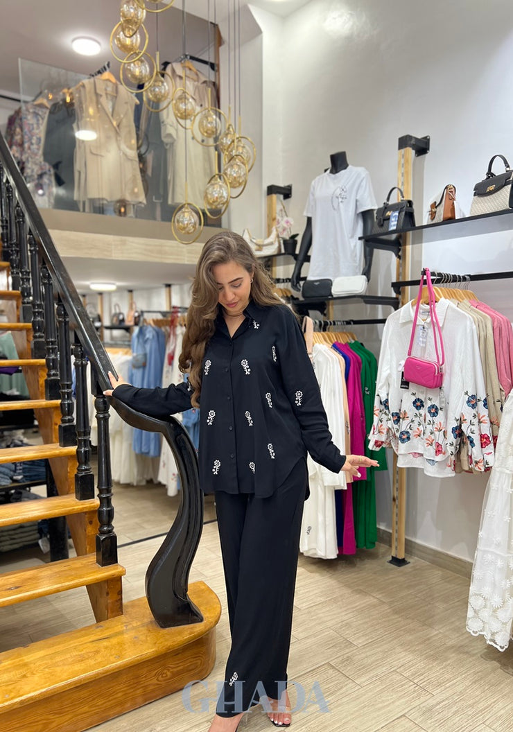Ensemble chemise brodé & pantalon en noir