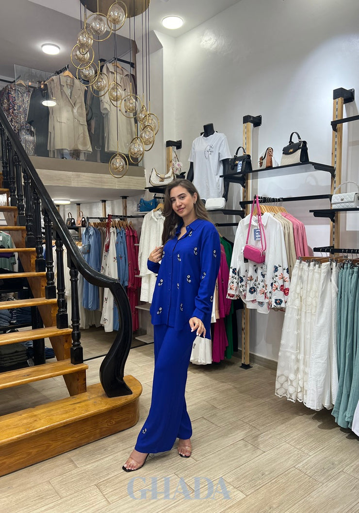 Ensemble chemise brodé & pantalon en bleu roi