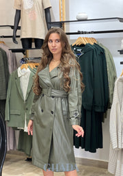 Trench-coat en simili cuir vert kaki