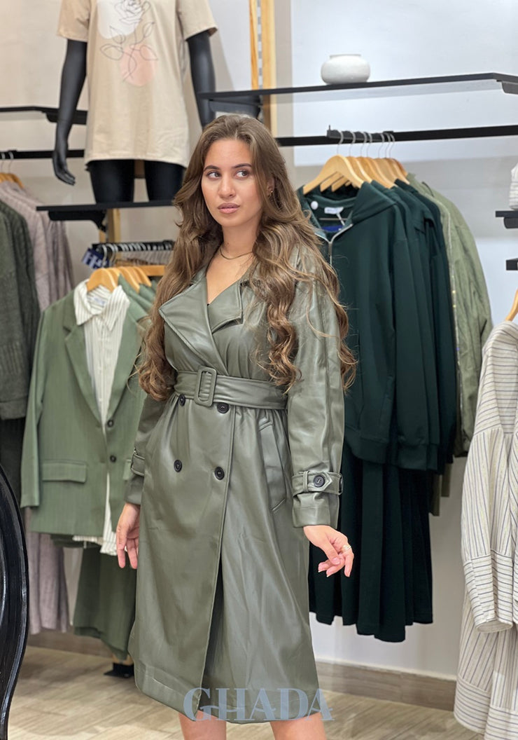 Trench-coat en simili cuir vert kaki