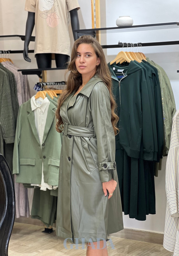 Trench-coat en simili cuir vert kaki