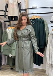Trench-coat en simili cuir vert kaki