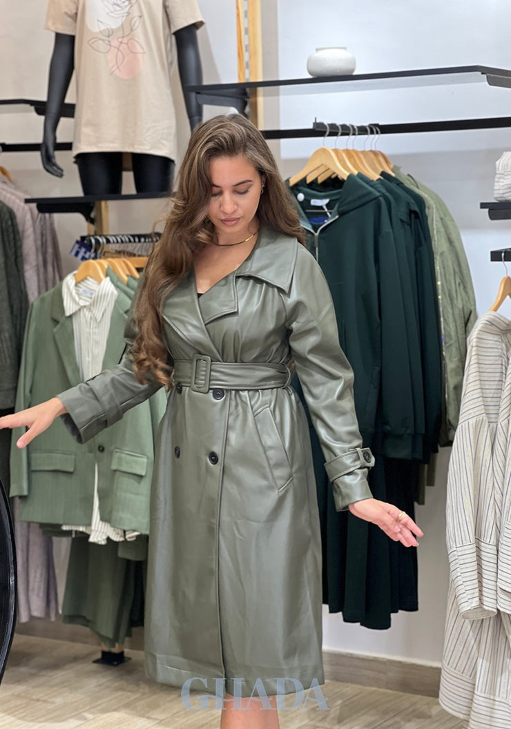 Trench-coat en simili cuir vert kaki