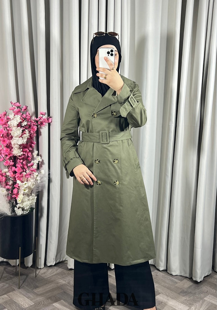 Trench-coat long en vert kaki