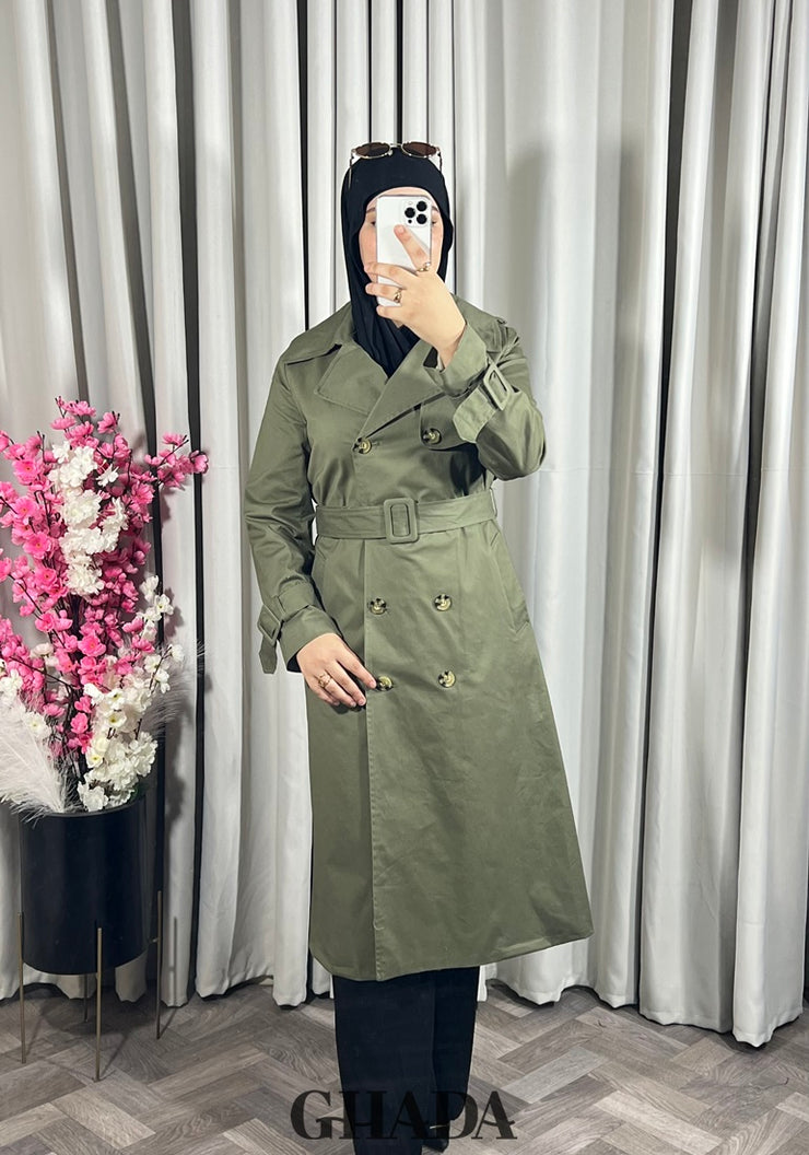 Trench-coat long en vert kaki