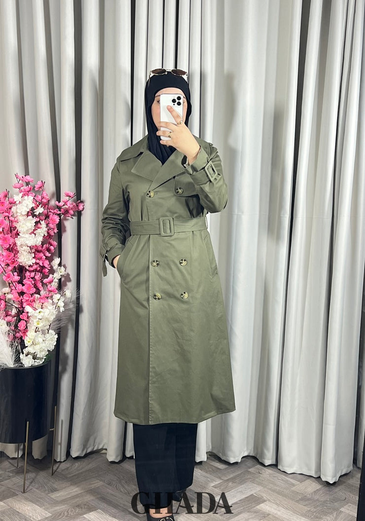 Trench-coat long en vert kaki
