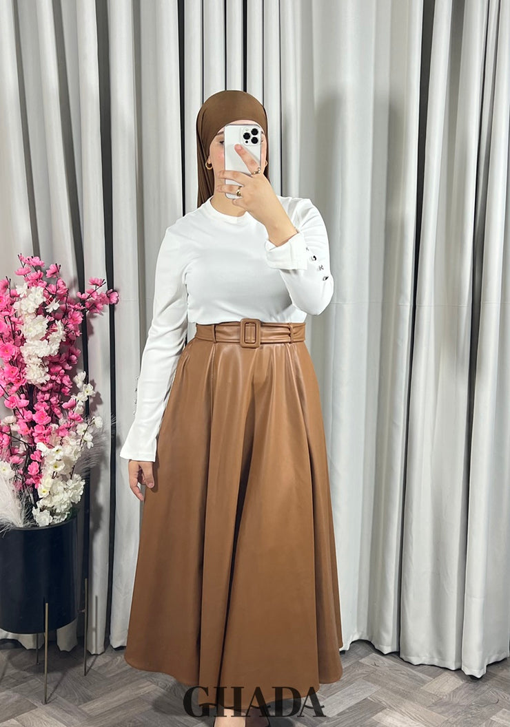 Jupe longue en simili-cuir en caramel