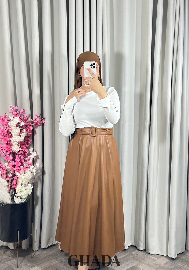Jupe longue en simili-cuir en caramel