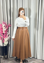 Jupe longue en simili-cuir en caramel