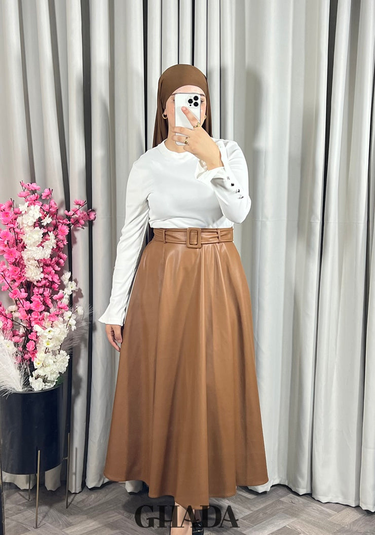 Jupe longue en simili-cuir en caramel