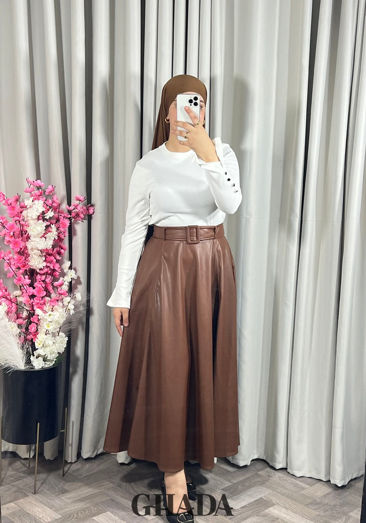 Jupe longue en simili-cuir en marron