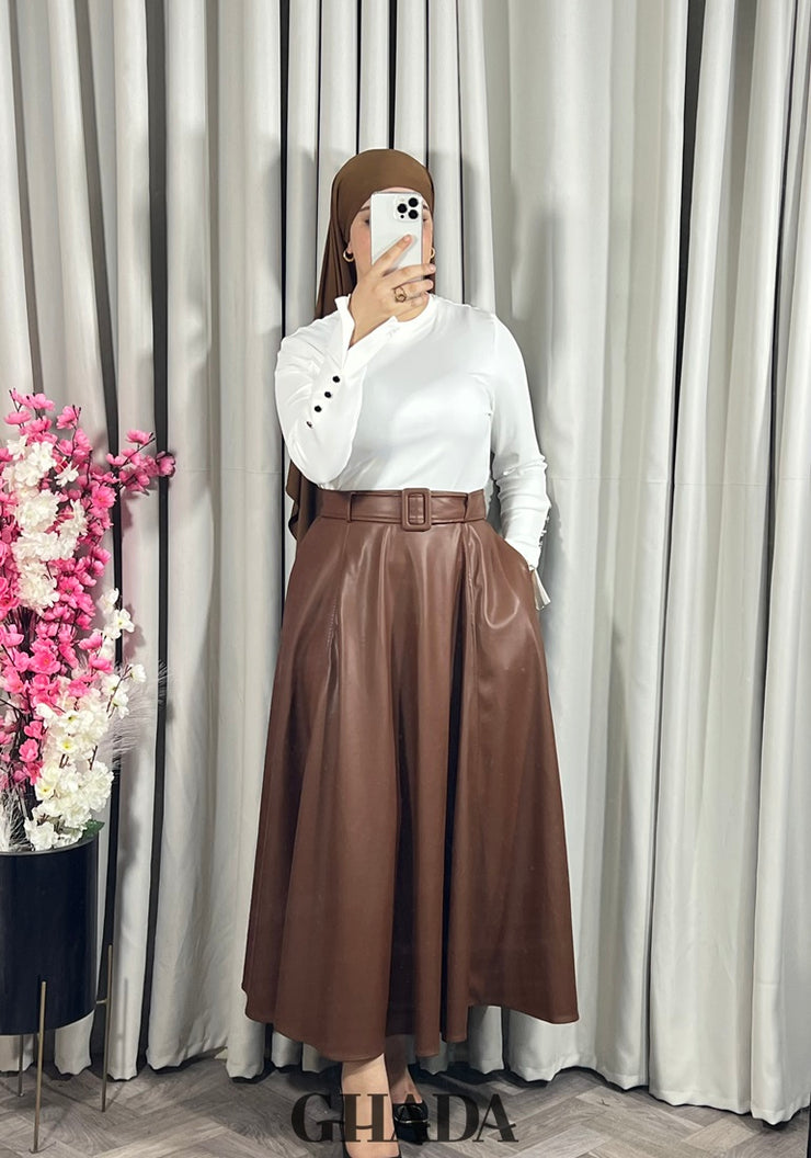 Jupe longue en simili-cuir en marron