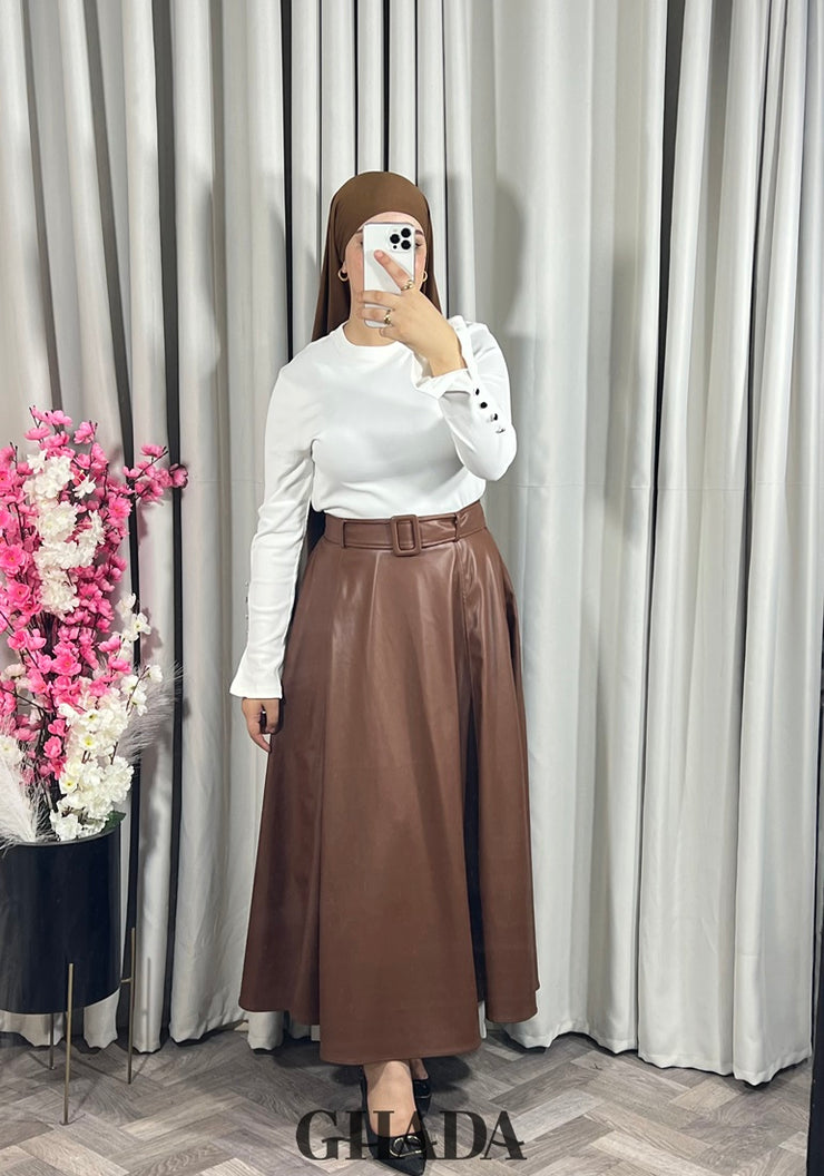 Jupe longue en simili-cuir en marron
