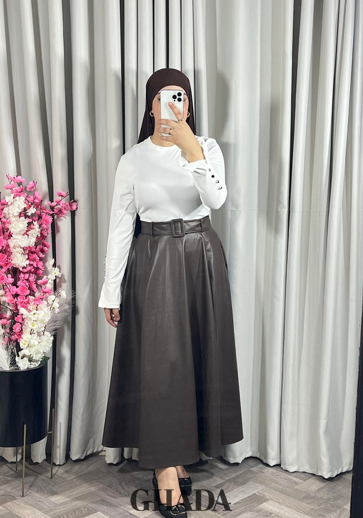 Jupe longue en simili-cuir en marron foncé