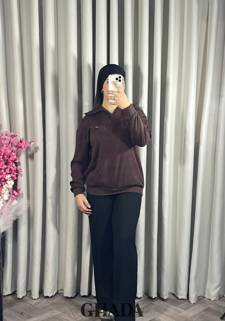 Pull en maile douce zippé à col en V