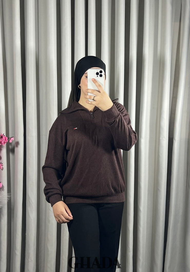 Pull en maile douce zippé à col en V