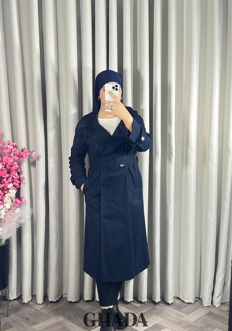 Trench-coat long en bleu marine