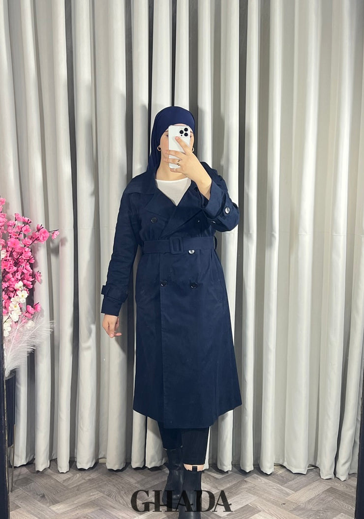 Trench-coat long en bleu marine