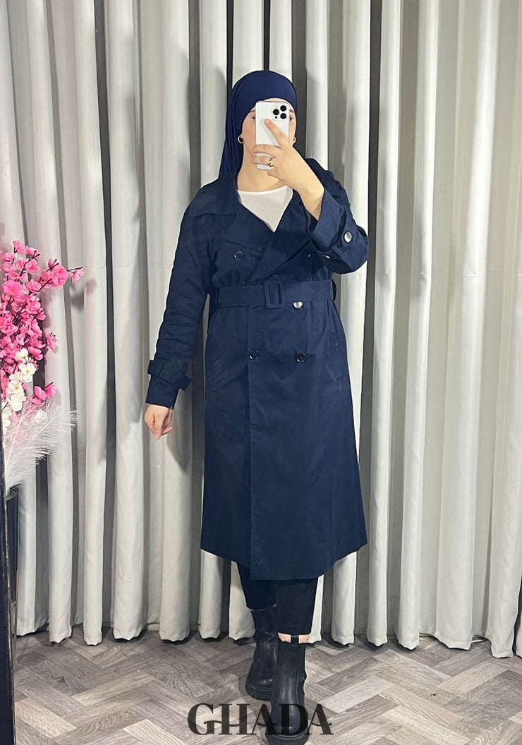 Trench-coat long en bleu marine