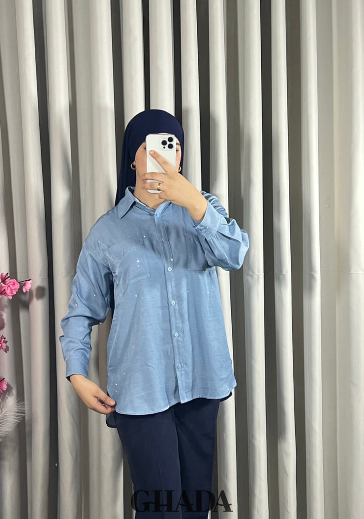 Chemise bleu avec strass