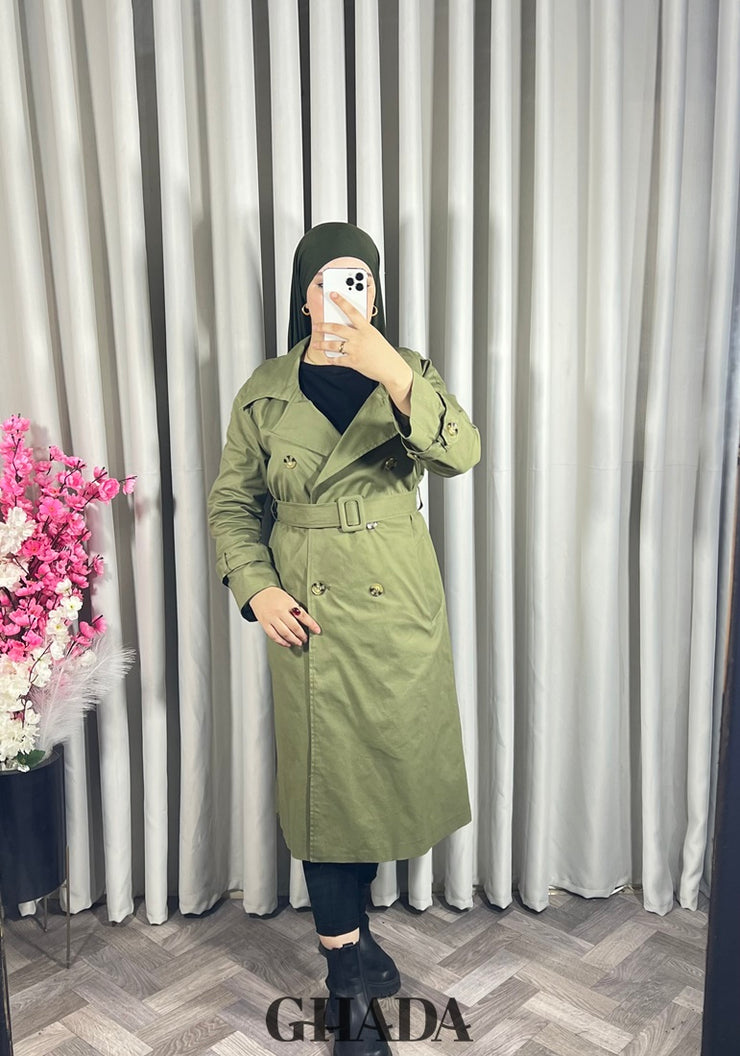 Trench-coat long en vert kaki